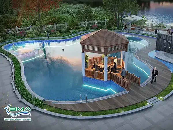 Hình 3D công trình cải tạo ao thành bể bơi hoàn thiện